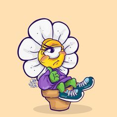 a cartoon character sitting on top of a potted plant with a flower in it