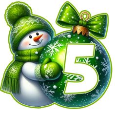 a snowman holding a green christmas ornament with the number five on it