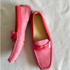 Cole Hann Bright Pink All Leather W Rubber Soles 8 A Classic Pink Loafers With Rubber Sole, Classic Pink Loafers With Leather Sole, Pink Classic Slip-on Loafers, Classic Pink Slip-on Loafers, Pink Leather Sole Flat Loafers, Classic Pink Loafers With Round Toe, Pink Loafers With Leather Sole, Pink Flat Loafers With Leather Sole, Casual Patent Leather Slip-on Shoes