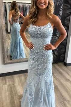 Blue Lace Prom Dress, Blue Mermaid Prom Dress, Light Blue Prom Dress, Blue Evening Gowns, Mermaid Prom Dresses Lace, Blue Prom Dress, Formal Ball Gown, Spaghetti Strap Prom Dress, Lace Party Dresses