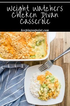 a casserole dish with chicken, rice and broccoli in it on a white plate