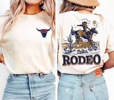 Comfort Colors Rodeo Shirt, Rodeo Gift, Cowboy Shirt, Retro Cowboy Shirt, Country Western Shirt, Desert Shirt, Western Shirt, Country Girl Shirt, Rodeo Shirt, Desert Shirt, Gift Ideas for him, Shirts for him,  Holiday Shirt Greetings! *ABOUT OUR T-SHIRT QUALITY Skillfully printed with our state-of-the-art printing machine. Key Features of Comfort Colors 1717 Unisex Heavyweight Tee 6.1 oz./yd² (US), 10 oz/L yd (CA), 100% ring-spun cotton, 20 singles Soft ring-spun fabric dyed for a unique look Re Cotton Rodeo Shirt With Letter Print, White Graphic Print Shirt For Rodeo, Cotton Shirt With Letter Print For Rodeo, White Relaxed Fit Tops For Rodeo, Crew Neck Letter Print Shirt For Rodeo, Casual Crew Neck Shirt For Rodeo, Crew Neck Graphic Tee For Rodeo, Graphic Tee Crew Neck Shirt For Rodeo, Graphic Print Crew Neck Shirt For Rodeo