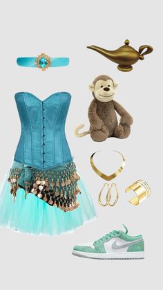 a blue corset with gold accessories and a monkey