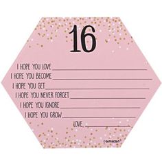 a pink hexagonal card with gold confetti on it that says, i hope you love