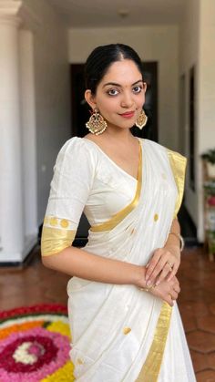 Kasavu Saree Blouse Designs, Onam Saree Blouse, Saree White