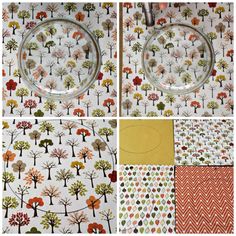 four different pictures of trees and leaves on white fabric with orange, green, yellow, red