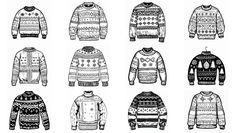 sweaters drawn in black and white with different patterns on the front, back and side