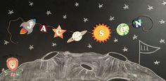 a chalkboard drawing of the moon and stars with letters above it that spell out space