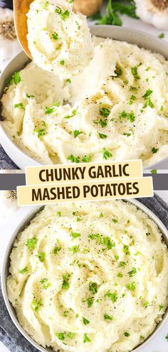 a bowl filled with mashed potatoes and garnished with parsley on top