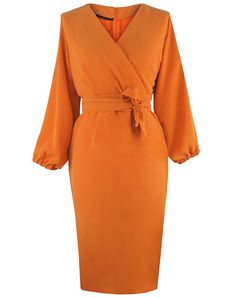 This Faux Wrap Midi Pencil Dress with Big Bishop Sleeve is perfect for any special occasion. Crafted from a luxurious blend of crepe this dress is comfortable to wear and hugs your body in all the right places. The orange hue adds a pop of color to any outfit while the midi cut and sleeved sleeves create a timeless silhouette. Perfect for weddings and parties. Product Features Please Compare your Measurements To our Size Chart Before Purchase Dress Comes With Same Fabric Waist Tie Belt Faux Wrap Fitted Orange V-neck Midi Dress, Fitted Orange Sheath Dress, Elegant Solid Orange Dress, Elegant Orange V-neck Dress, Elegant Orange Solid Color Dress, Orange Fitted Knee-length Midi Dress, Orange Knee-length Dress For Work, Orange V-neck Midi Dress For Work, Orange V-neck Midi Dress For Evening