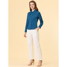 Featuring a point collar and contrast buttons, this long-sleeved shirt is perfect for work or daily wear. This shirt is made from soft chiffon fabric, perfect for spring and summer. Featured unique point collar, this shirt is perfect for work wear to finish a stylish charming look. The versatile design and range of sizes make it suitable for a variety of body types and occasions, from business meetings to casual outings. Office Blouse, Peter Pan Collar Blouse, Business Meeting, Target Clothes, Sleeve Packaging, Chiffon Long Sleeve, Contrast Collar, Chiffon Blouse, Collar Blouse