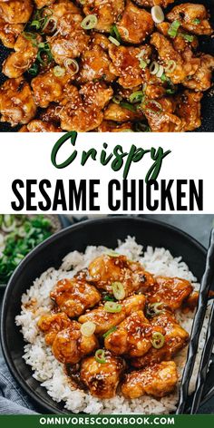 chicken with sesame seeds and rice in a skillet on the side is text overlay that reads crispy sesame chicken