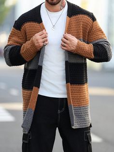 Men's Plus Size Colorblock Long Sleeve Knitted Cardigan Multicolor Casual  Long Sleeve Knitwear Colorblock,Striped  Slight Stretch  Men Plus Size Clothing, size features are:Bust: ,Length: ,Sleeve Length: Plus Size Male Fashion, Boho Men, Long Sleeve Knitted Cardigan, Color Block Cardigan, Áo Len Cardigan, Plus Size Cardigans, Men Plus Size, Chunky Cardigan