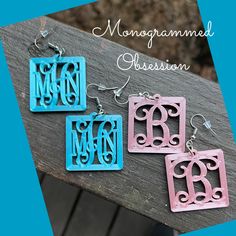 "MONOGRAM EARRING, SQUARE EARRINGS, PERSONALIZED EARRINGS, HANDMADE >>FREE SHIPPING  >>SHAPE AND SIZE Measures: 1.55\"x1.5\" Plus hooks (includes rubber back) Shape : SQUARE dangle Earring (Pair) >>MATERIALS, AND PROCESSES Customized with your monogram, initials, name, or request. 3D printed using a Plant based, earth friendly Plastic (PLA), and hypoallergenic hardware/hooks, and rubber backs. >>DESCRIPTION  Light weight, and comfortable to wear. Solid color center, fade resistant. Available in 25+ colors. Typically designed with a 3 letter monogram, or 1 letter personalized, but not limited to these options. >>NOTES When ordering, PLEASE PLEASE PLEASE include in your custom information which letter is the last name. I often receive the letters for the monogram in the order of the name, an Personalized Earrings, Earrings Hanging, Monogram Earrings, Earrings Square, Letter Monogram, 3 Letter, Monogram Jewelry, Friendly Plastic, Gifts Personalized