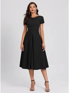 Knew Length Dresses, Simple V Neck Dress, Short Dresses Formal Elegant With Sleeves, A Line Cocktail Dress Classy, Black Dresses Knee Length, Black Tea Length Dress Classy, A Line Dress Knee Length, Below Knee Length Dresses, Work Dresses Plus Size