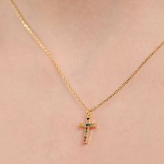 This 18K gold vermeil necklace presents a cross pendant, a timeless symbol of faith, adorned with an array of multicolored beads that bring a vibrant, contemporary twist to the classic design.  The colorful beads catch the light, creating a rainbow effect that adds a unique and playful touch to this spiritual piece.  Suspended on a delicate chain, this rainbow cross necklace is perfect gift for a girl who appreciates a blend of traditional symbolism and modern style.  PRODUCT DETAILS: * Material Multicolor Cross Pendant Jewelry For Gift, Spiritual Multicolor Cross Necklace, Tiny Cross Necklace, Catholic Necklace, Tiny Cross, Necklace Colorful, Timeless Symbol, Delicate Chain, Christian Jewelry