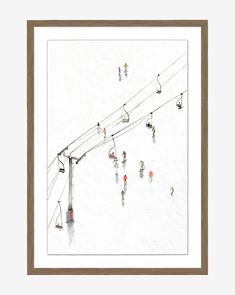 skiers are skiing down a snowy hill under ski lift wires, framed in brown wood