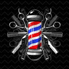 a barber shop logo with scissors, combs and razors on the back ground