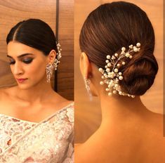 two pictures of the back of a woman's head with pearls in her hair