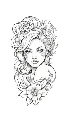 a girl with flowers in her hair and roses on her head is drawn by hand