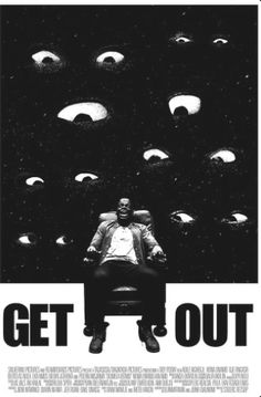 a man sitting in a chair with the words get out written on it and an image of