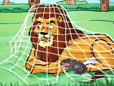 a cartoon lion laying on the ground behind a net with a mouse in it's mouth