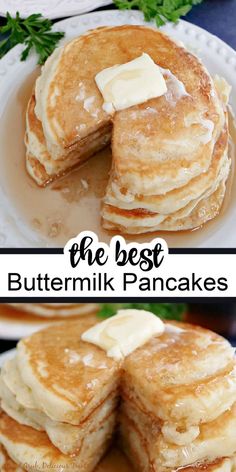 A double photo collage of buttermilk pancakes stacked three high on a plate, covered in syrup, and topped with a square of butter. Recipes Buttermilk, Fluffy Buttermilk Pancake Recipe, Homemade Buttermilk Pancakes, Buttermilk Pancakes Recipe, Fluffy Buttermilk Pancakes, Buttermilk Pancakes Fluffy, Homemade Pancake Recipe, Best Pancake Recipe, Pancake Recipe Buttermilk