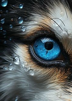 a blue eye with drops of water on it