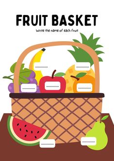 a basket full of fruit with the words fruit basket written in white and black on it