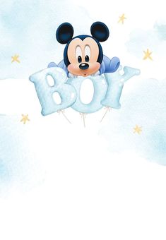 a mickey mouse flying through the air with a balloon in it's mouth and stars around