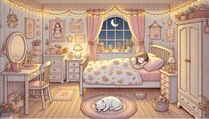 a bedroom scene with a cat sleeping on the floor