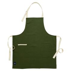 a green apron with white straps on the front and pocketed pockets at the back