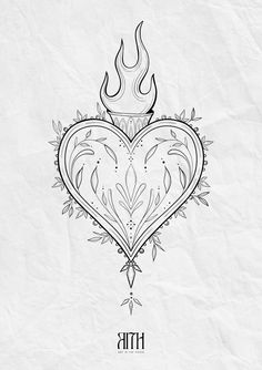 a drawing of a heart with flames on it