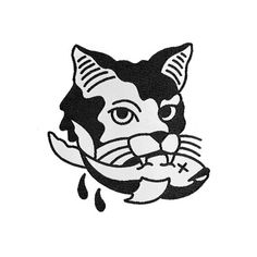 a black and white drawing of a cat's face with tear coming out of its mouth