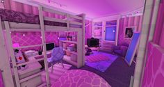 a bedroom with bunk beds and pink walls in the room is furnished with purple furniture