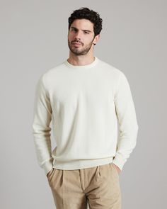 DESCRIPTIONThis round-neck men's sweater is crafted from plain knitted kid cashmere, an extremely fine and soft fibre, obtained exclusively from the undercoat of the Hircus goat kids. The sweater features a neckline trim with an original zigzag pattern. Its precious and exclusive yarn makes this garment the luxury version of an essential knitwear item.FABRICSThe "kid cashmere" yarn is obtained from the undercoat of Hircus goats kids. The natural molt allows to harvest this precious, exclusive an Goat Kidding, Zigzag Pattern, Cashmere Yarn, Zig Zag Pattern, Round Neck Sweaters, Men's Wardrobe, Men's Sweater, Zig Zag, Round Neck