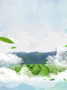 an artistic painting of green hills and clouds in the sky with leaves flying over them