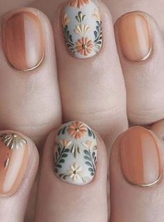 Korean Nail Art, Retro Nails, Gold Nail Art, Fall Nail Art Designs, Simple Nail Art Designs, Spring Nail Art, Orange Nails, Nail Art Inspiration