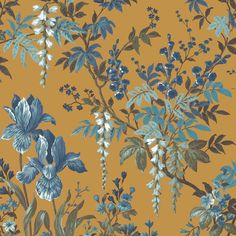 blue flowers and leaves on an orange background