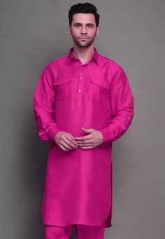 Art Silk Paithani Kurta in FuchsiaThis Readymade piece is Enhanced with Buttons. Crafted in Collar Neck and Full SleeveDo note: Bottom shown in the image is for presentation purposes only. Half to one inch may vary in measurement. (Slight variation in actual color vs. image is possible)  We sell all kinds of menswear. Mens Kurta | Mens Kurta Pajama | Mens Sherwani | Mens Sherwani Sets | Traditional Menswear | Partywear Menswear | Indian Mens Dresses | Diwali Kurta | Kurta Pajama | Bollywood Mens Pink Formal Kurta For Diwali, Formal Pink Kurta For Festivals, Pink Formal Kurta For Festivals, Pink Festival Kurta For Formal Occasions, Mens Kurta Pajama, Indian Jackets, Mens Sherwani, Mens Kurta, Kurta Pyjama