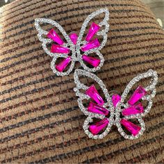 This Is A Pair Of Fashion Jewelry Earrings Bling Butterflies Hot Pink And Clear Crystals 2 Inches Please Contact Me With Any Questions Butterfly Charm Earrings For Party, Silver Butterfly Charm Earrings For Party, Party Butterfly Earrings With Charm, Party Butterfly Charm Earrings, Party Earrings With Butterfly Charm, Womens Jewelry, Fashion Jewelry Earrings, Clear Crystals, Butterfly Earrings