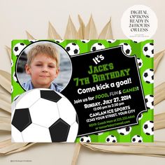 a soccer themed birthday party with green and black paper decorations, including a photo of a young boy holding a soccer ball