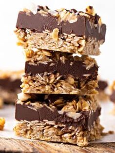 no bake chocolate oatmeal bars stacked up on top of each other