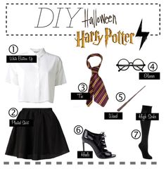 a harry potter costume is shown with accessories and text on the bottom half of it