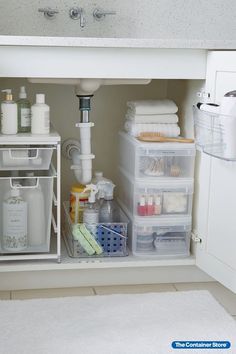 the bathroom is organized and ready to be used as a storage area for toiletries