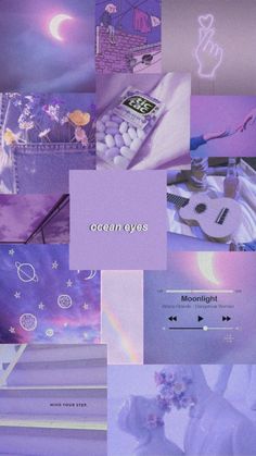 a collage of images with the words ocean eyes written in purple and white on them