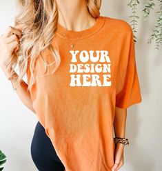 "INSTANT DOWNLOAD  ♥ DETAILS ♥ - This image is for the Comfort Colors C1717 Yam Shirt - You will receive a high resolution digital image free of branding    (will not include the \"Your Design Here\" text or watermark) - Model is wearing size XL - Image Size: 3000 x 3302 Pixel ♥ KEEP IN MIND ♥ - You may use these images for personal and commercial use only. No additional license required. - You may not resell, share, or edit this image in any way." Orange Relaxed Fit T-shirt With Screen Print, Oversized Orange Tops With Letter Print, Orange Casual T-shirt With Custom Print, Oversized Orange Top With Letter Print, Casual Orange Tops With Custom Print, Casual Orange T-shirt With Custom Print, Oversized Crew Neck T-shirt With Custom Print, Oversized Orange Crew Neck Top, Custom Print Relaxed Fit Crew Neck Top