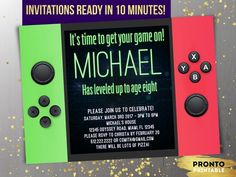 this is an image of a video game birthday party with the text, it's time to get your game on