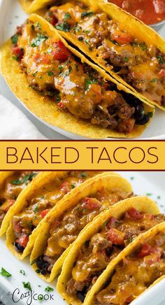 three tacos with meat, cheese and sauce on them are shown in this collage