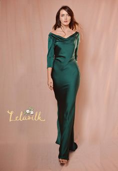 Cowl Neck Long Sleeves Dress/ Bridesmaids Silk Dress/ Emerald | Etsy Silk Dress Cowl, Emerald Silk Dress, Emerald Dresses, Long Sleeves Dress, Wedding Kimono, Party Mode, Silk Wedding Dress, Cowl Neck Long Sleeve, Sleeves Dress